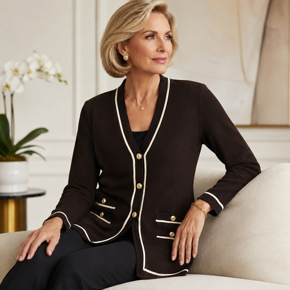 St John Collection Marie Gray Brown Knit Cardigan Gold Logo Button Sweater